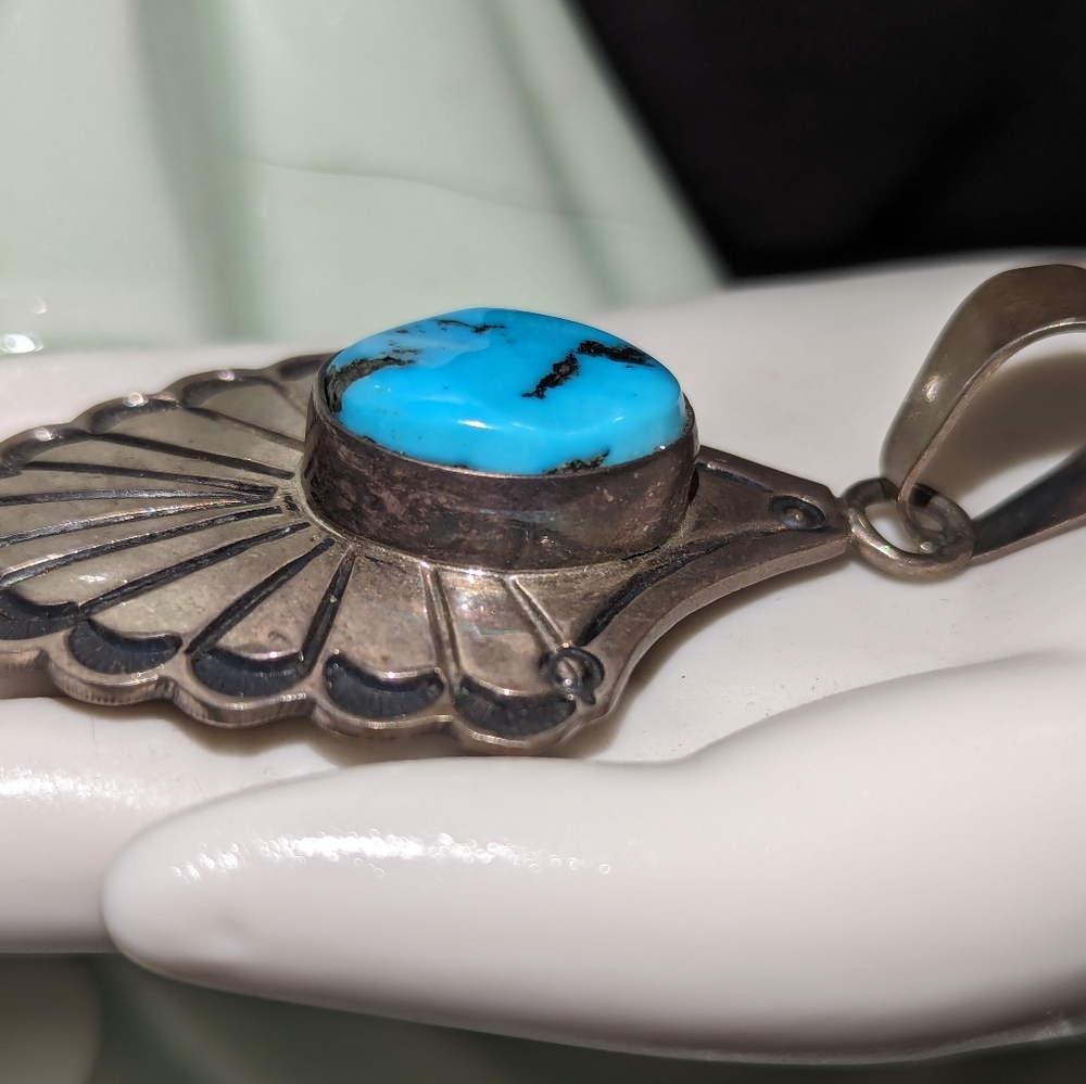 Ella Peter Navajo Turquoise Sterling Silver Pendant Native Decorative